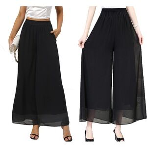 Chiffon Wide Leg Palazzo Pants Elastic Waist Trouser